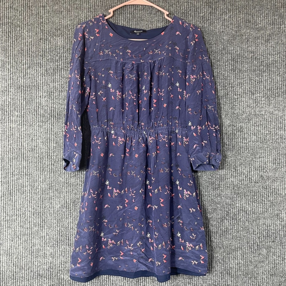 Madewell Dress Women‎ 2 S Blue Long Sleeve Bird Print Pleated Waist Light BOHO
